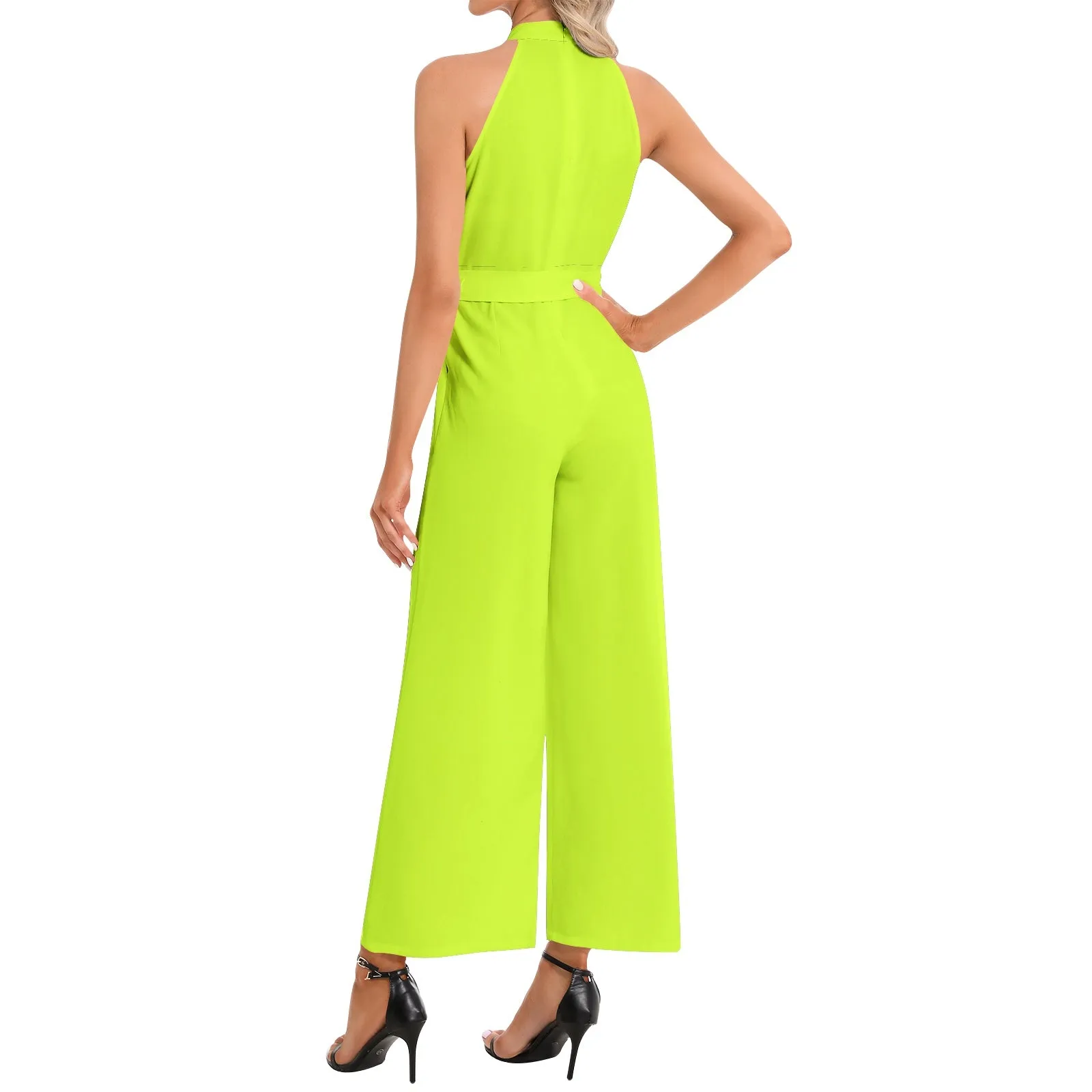 Neon Green Halter Neck Buckle Belted Jumpsuit