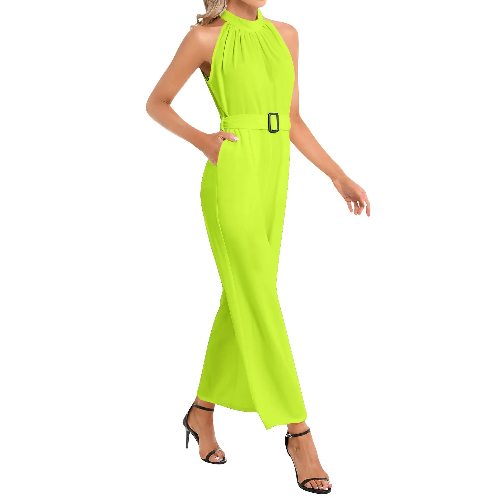 Neon Green Halter Neck Buckle Belted Jumpsuit