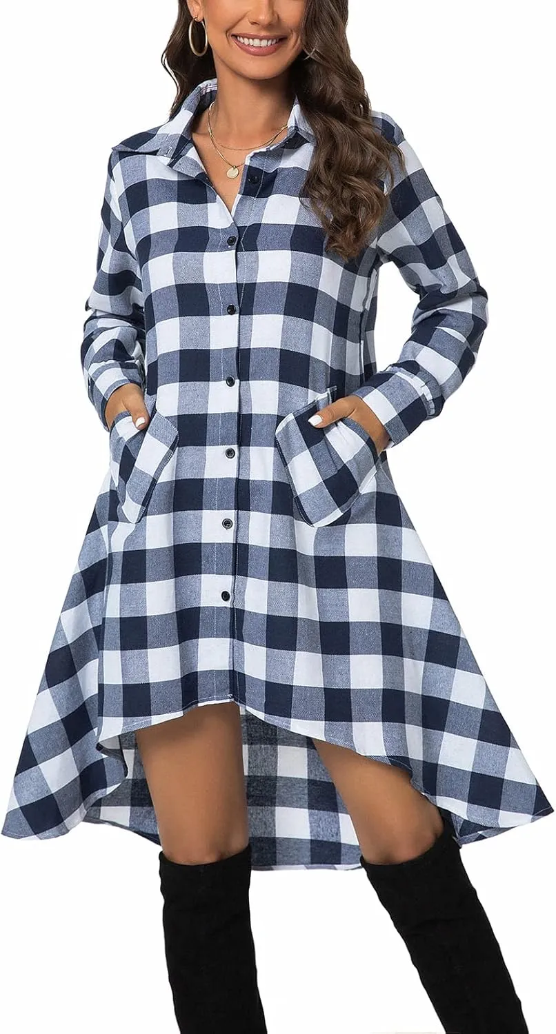 olrain Womens Plaids V Neck Long Sleeve Irregular Hem Casual Shirt Dress
