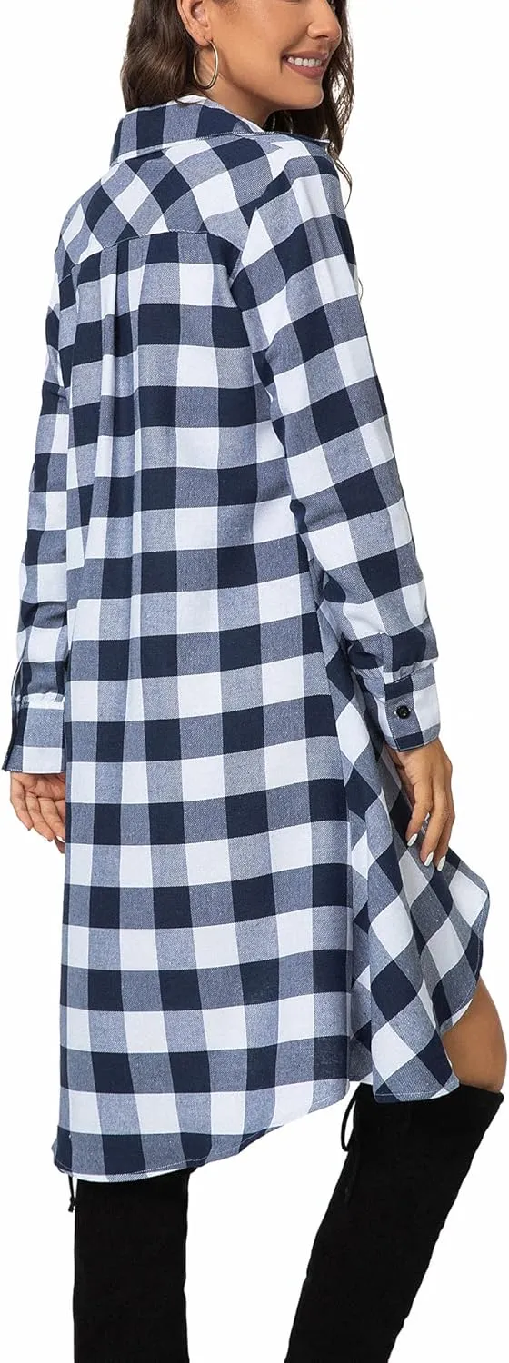 olrain Womens Plaids V Neck Long Sleeve Irregular Hem Casual Shirt Dress