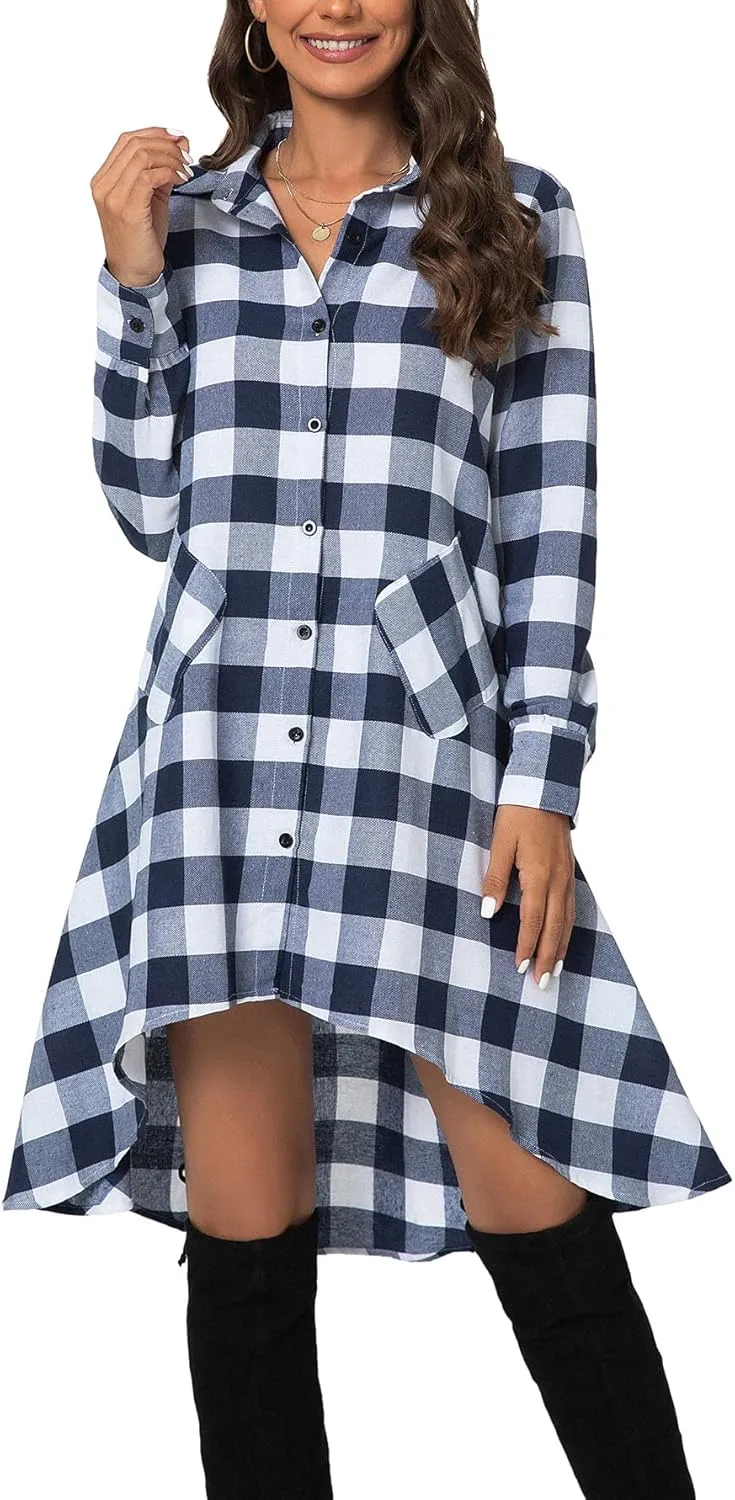 olrain Womens Plaids V Neck Long Sleeve Irregular Hem Casual Shirt Dress