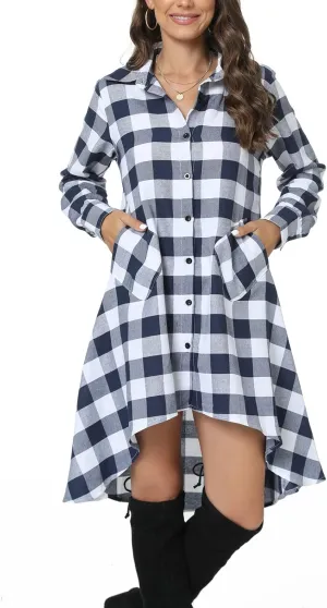 olrain Womens Plaids V Neck Long Sleeve Irregular Hem Casual Shirt Dress