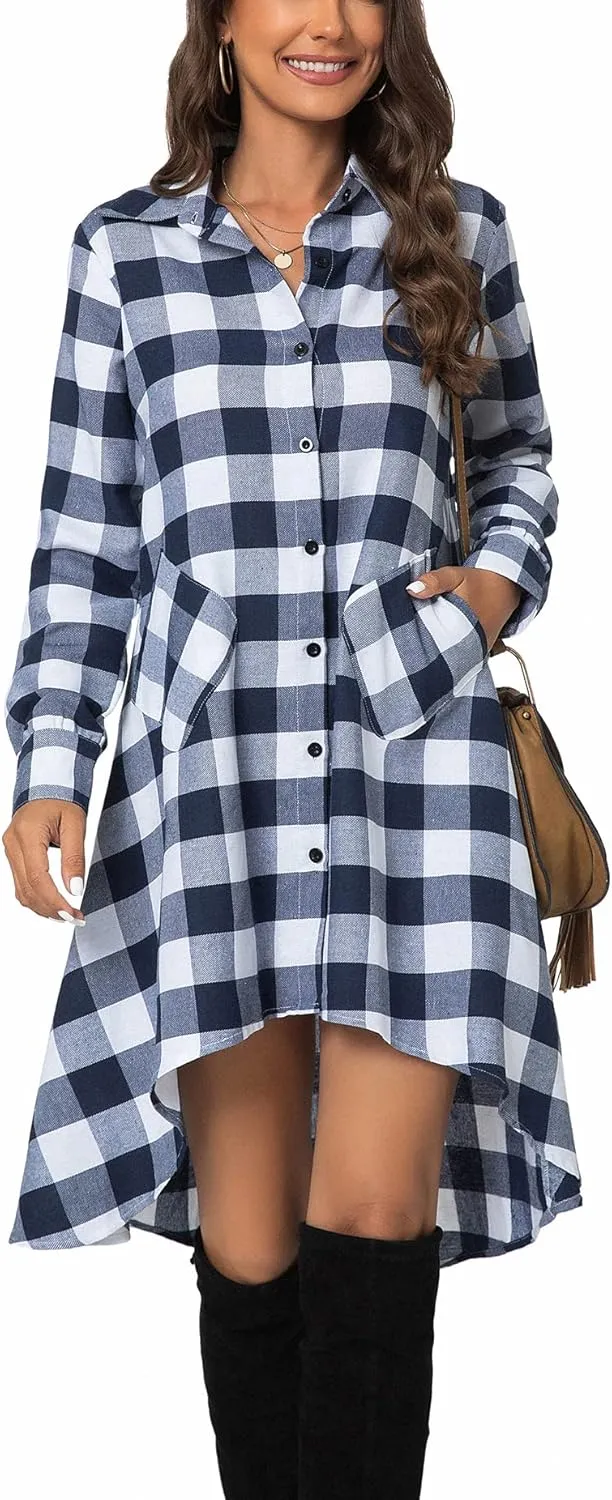 olrain Womens Plaids V Neck Long Sleeve Irregular Hem Casual Shirt Dress