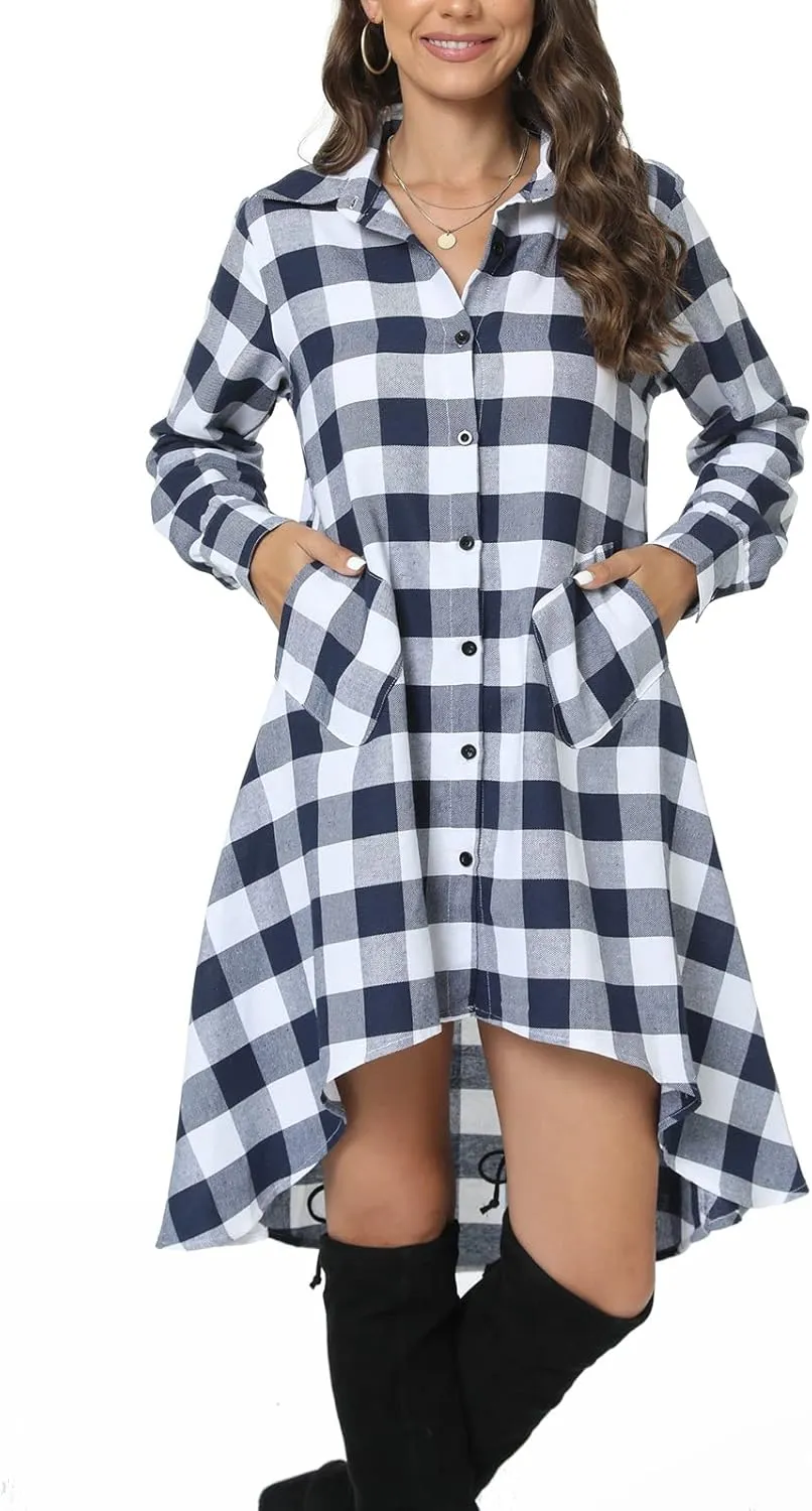 olrain Womens Plaids V Neck Long Sleeve Irregular Hem Casual Shirt Dress