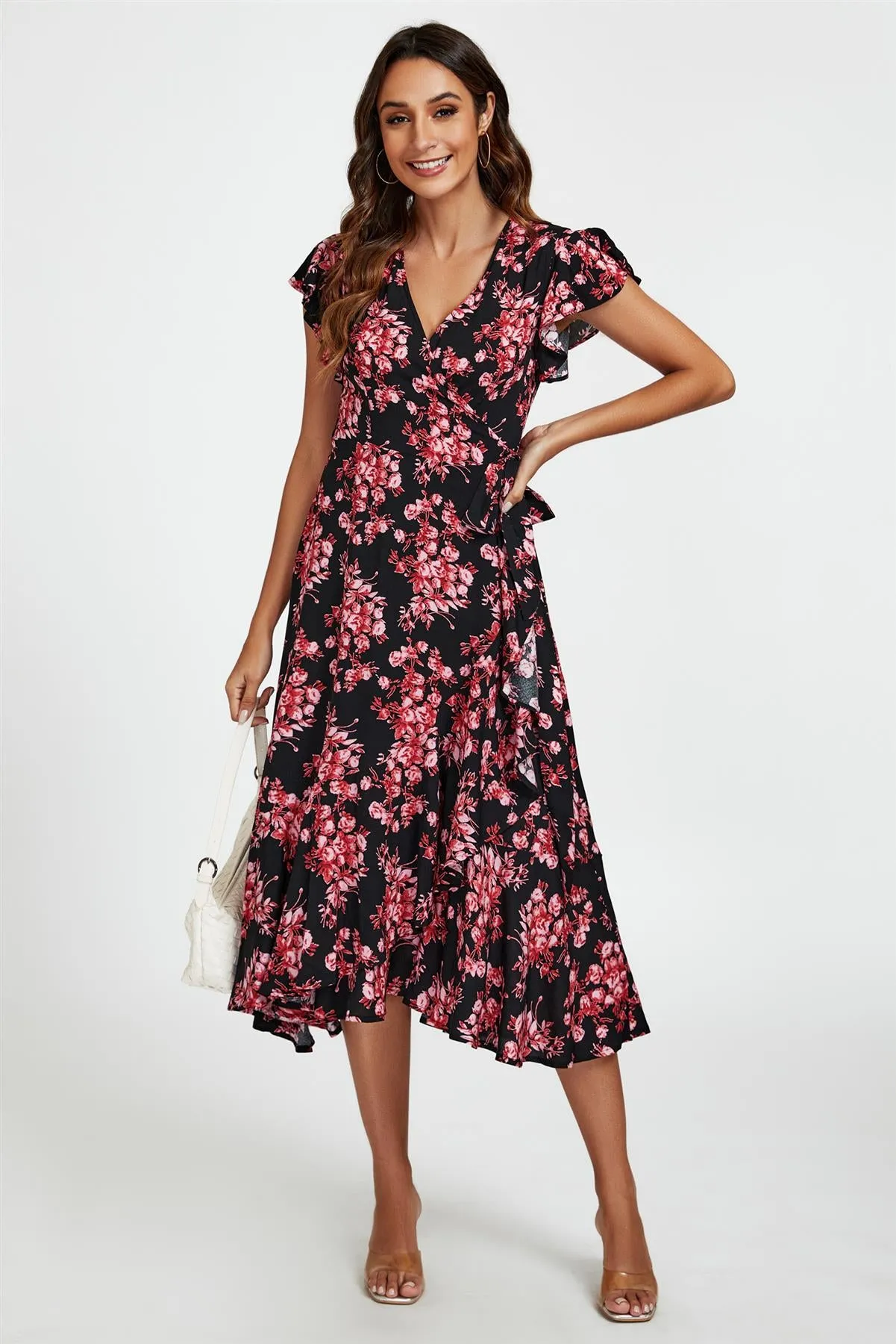 Pink Floral Frill Sleeve Midi Wrap Dress In Black