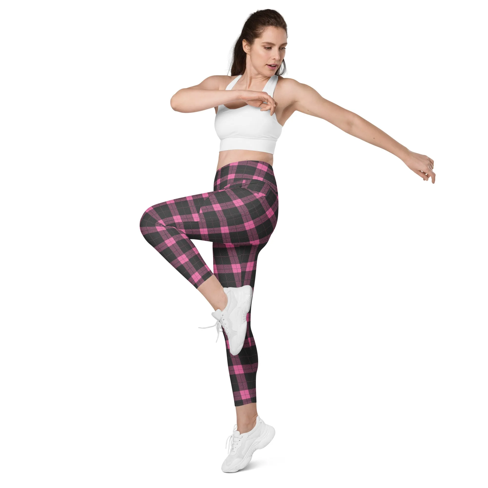 Pink Plaid Print Leggings With Pockets