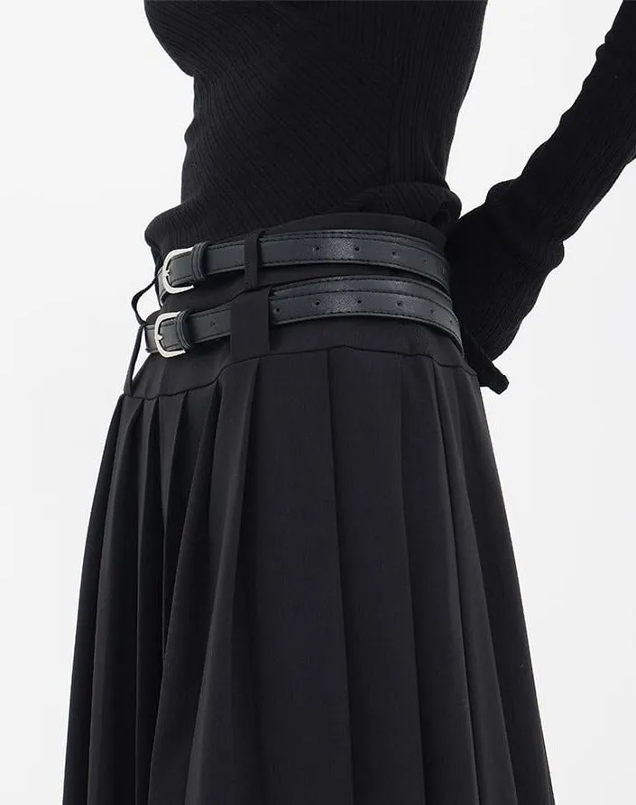 Pleated Double-Belt Midi Skirt
