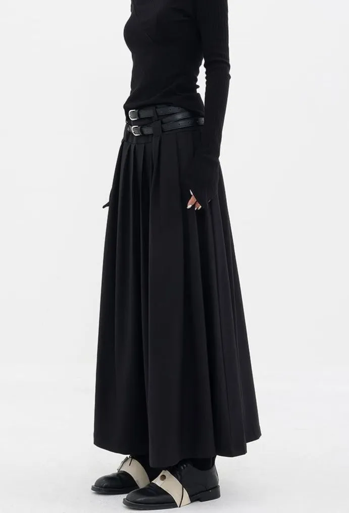 Pleated Double-Belt Midi Skirt