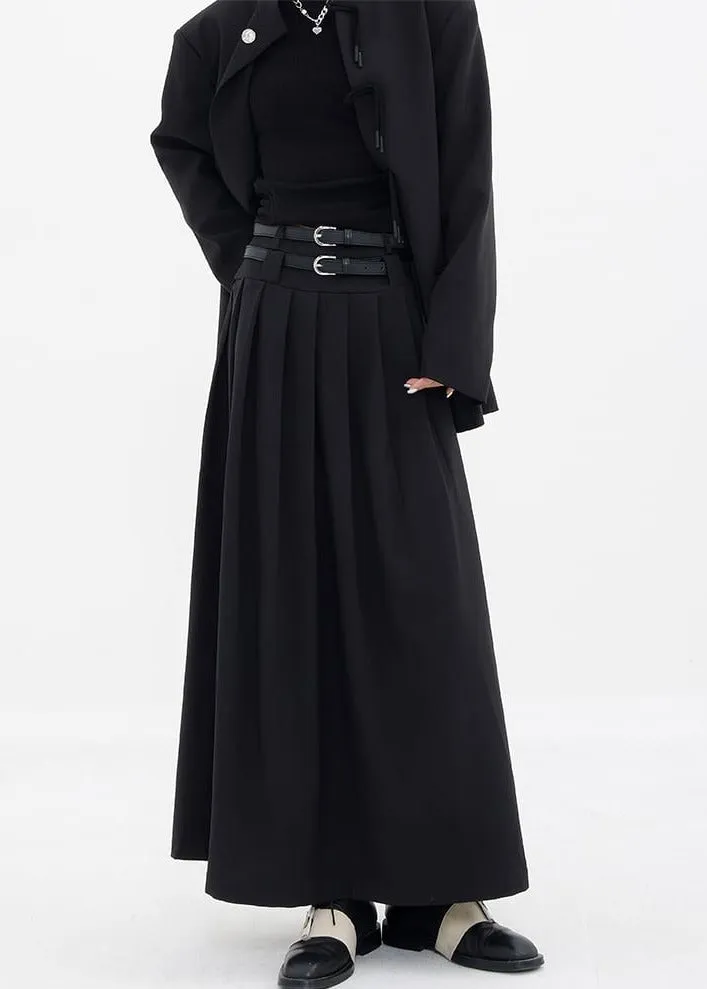 Pleated Double-Belt Midi Skirt