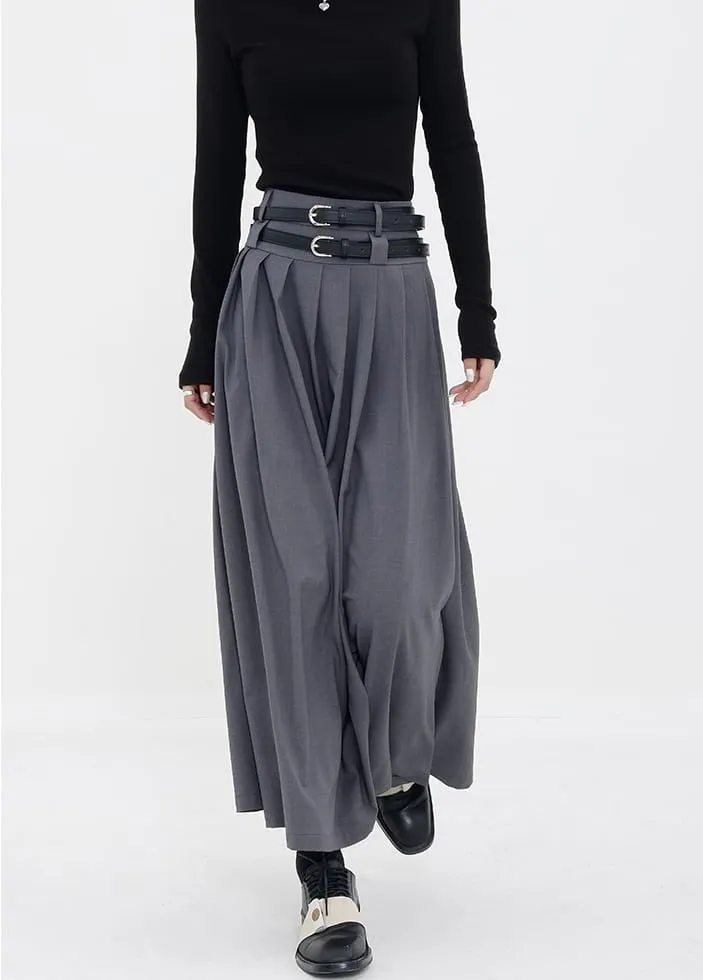Pleated Double-Belt Midi Skirt