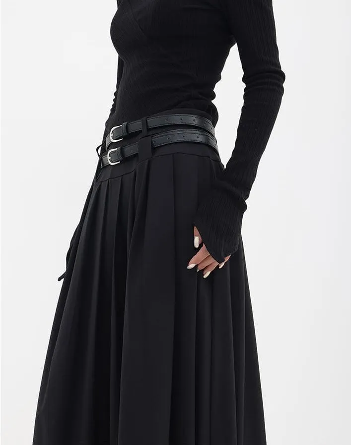 Pleated Double-Belt Midi Skirt