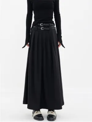 Pleated Double-Belt Midi Skirt