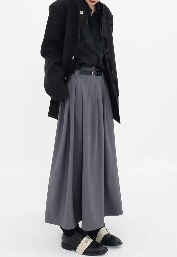 Pleated Double-Belt Midi Skirt