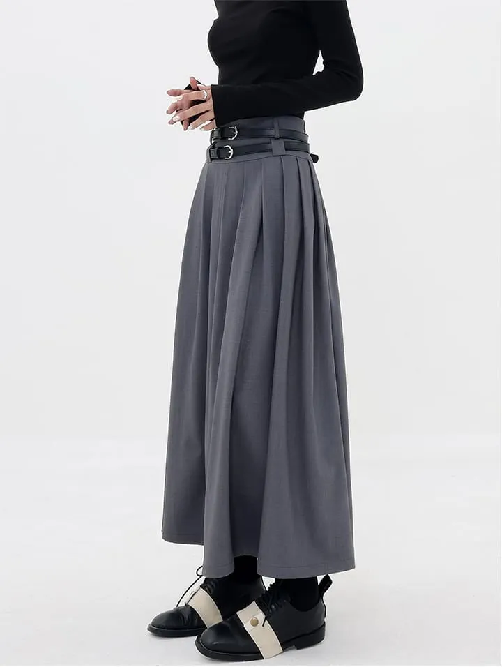 Pleated Double-Belt Midi Skirt