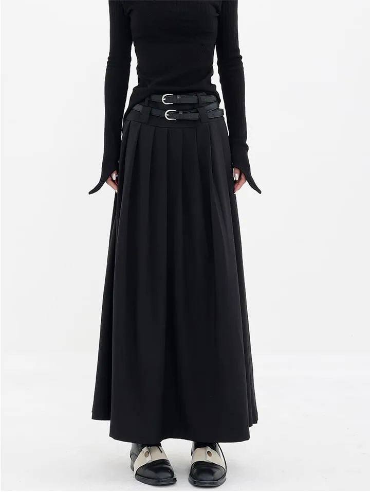 Pleated Double-Belt Midi Skirt