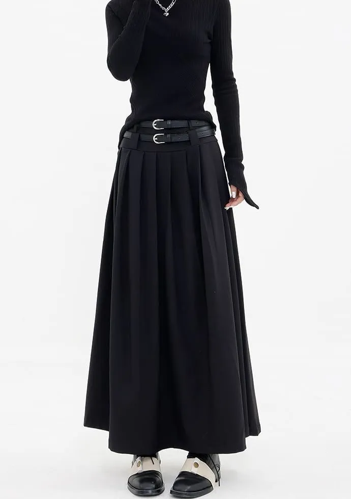 Pleated Double-Belt Midi Skirt