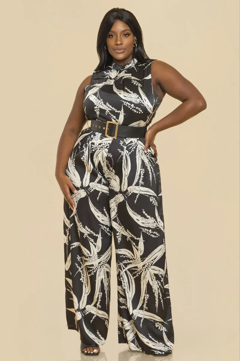 Plus Size Denah Mock Neck Belted Jumpsuit- Black