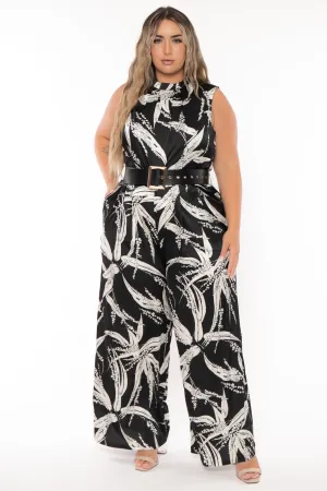 Plus Size Denah Mock Neck Belted Jumpsuit- Black