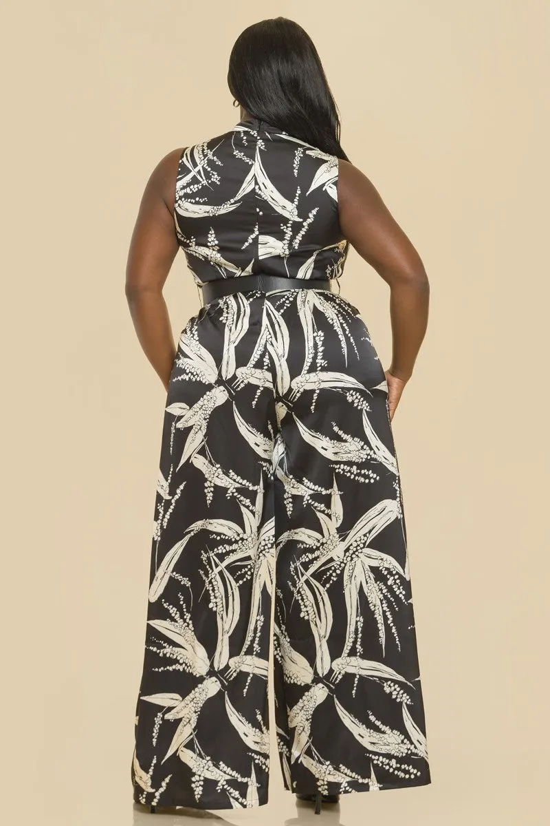 Plus Size Denah Mock Neck Belted Jumpsuit- Black