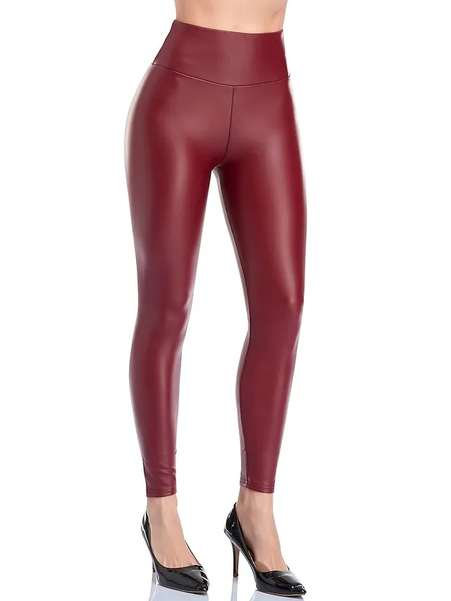 PU Artificial Leather Simple Classic Style Stretchy Comfort Female Pants