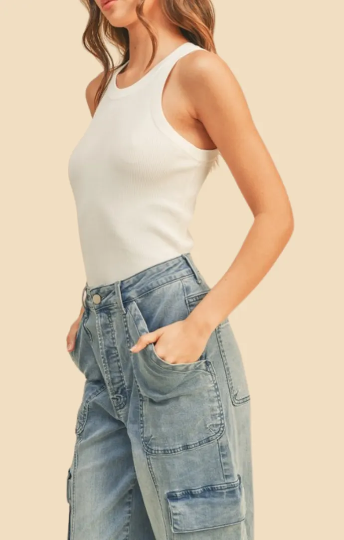 Rebel White Ribbed Tank Top
