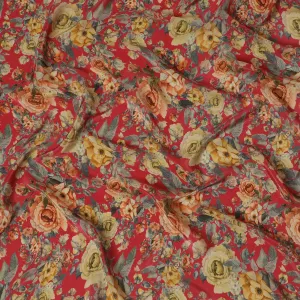 Rich Red Synthetic Crepe Fabric with Golden Floral Print, 110 cm Wide-D19134