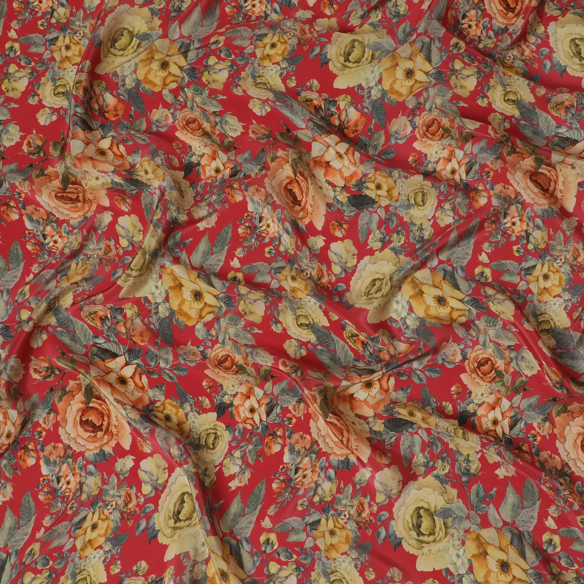 Rich Red Synthetic Crepe Fabric with Golden Floral Print, 110 cm Wide-D19134