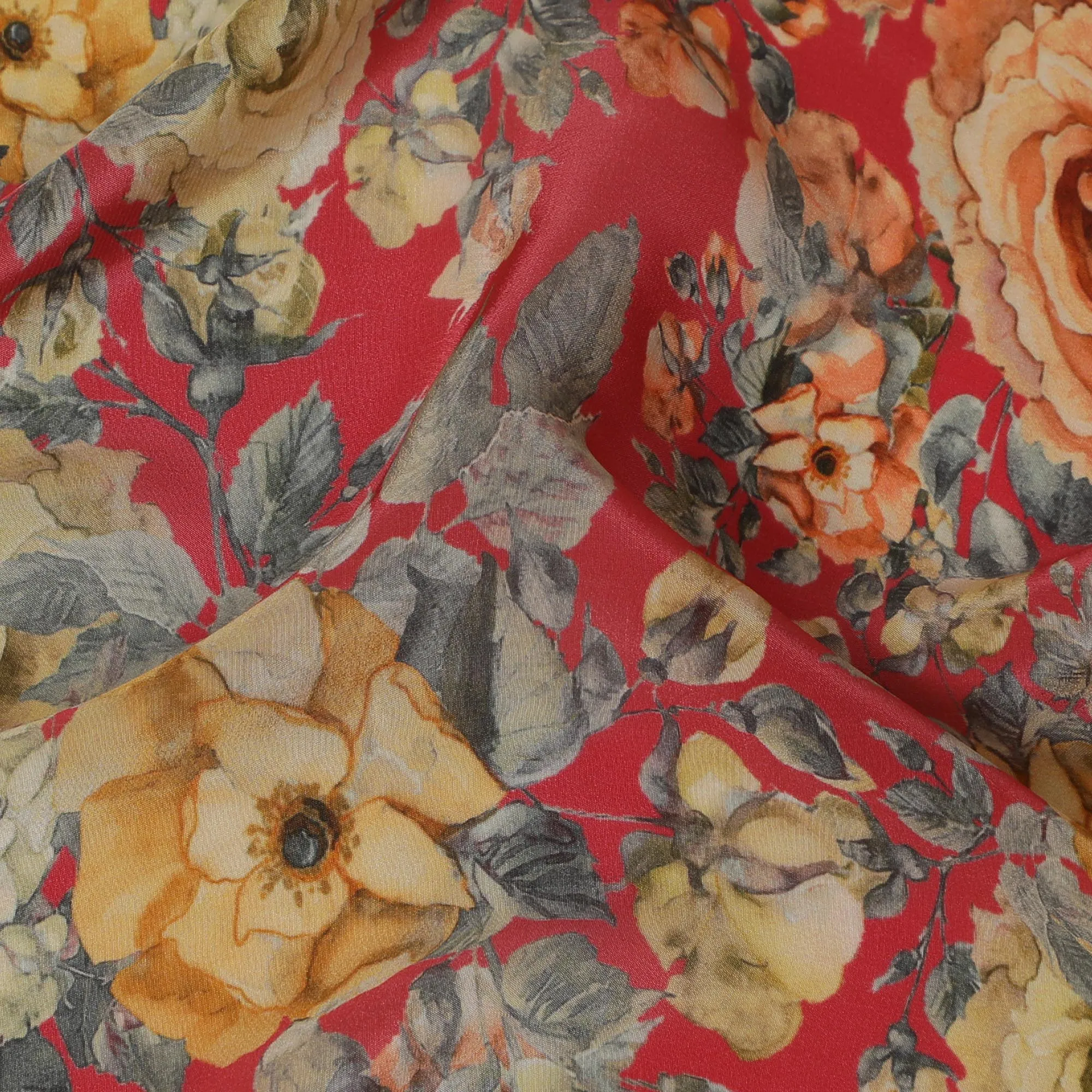 Rich Red Synthetic Crepe Fabric with Golden Floral Print, 110 cm Wide-D19134