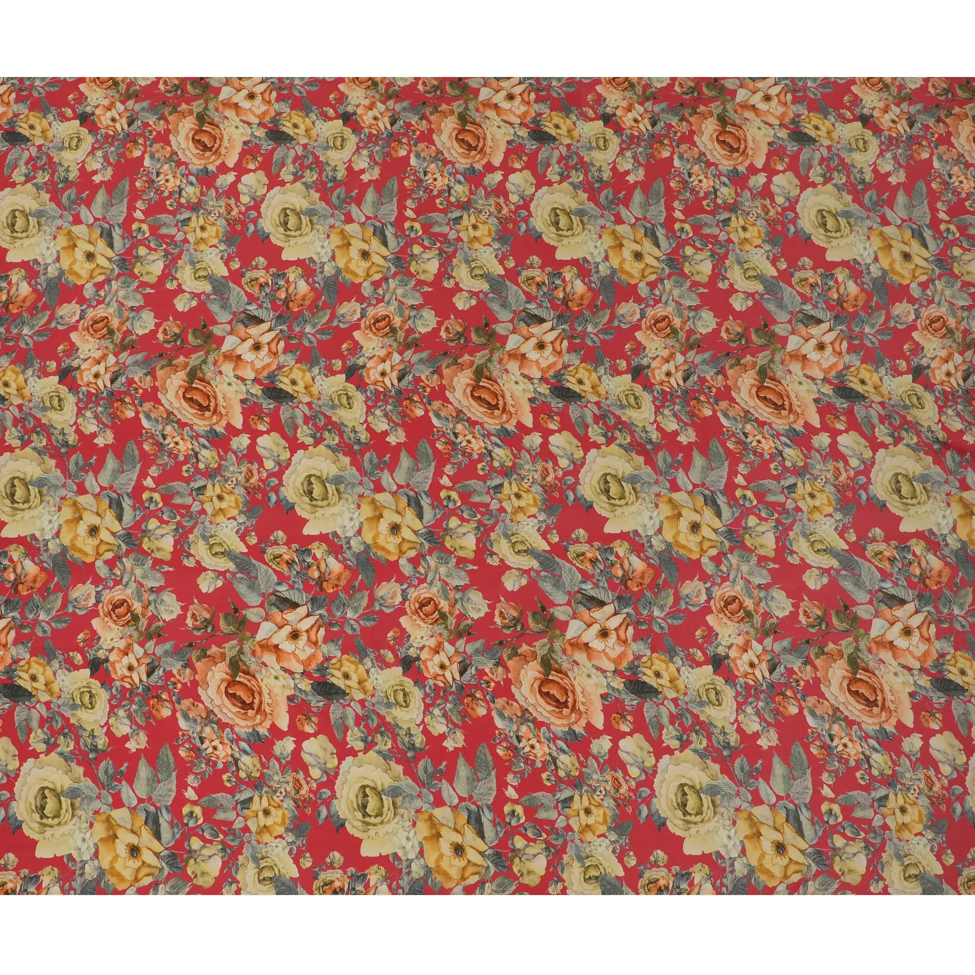 Rich Red Synthetic Crepe Fabric with Golden Floral Print, 110 cm Wide-D19134