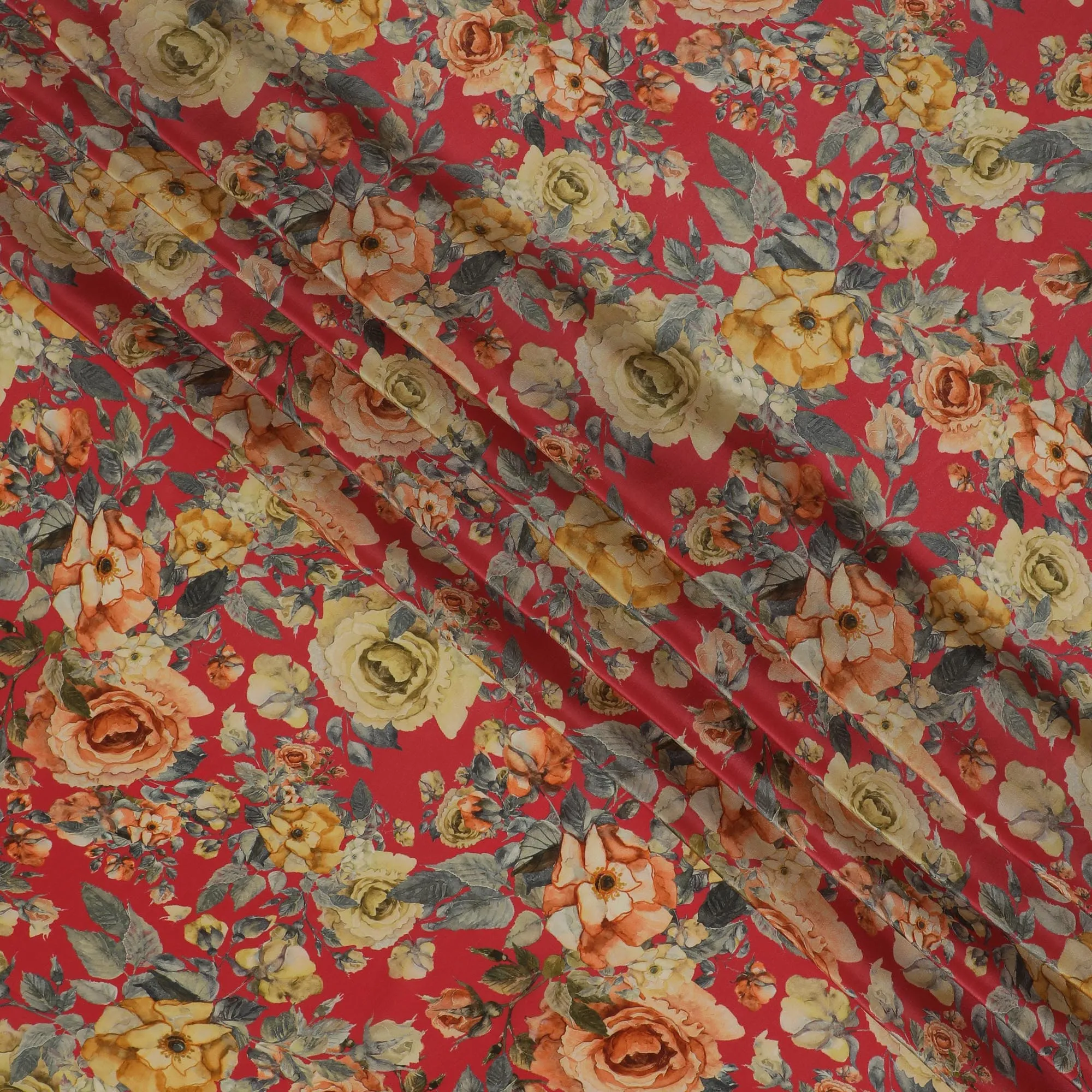Rich Red Synthetic Crepe Fabric with Golden Floral Print, 110 cm Wide-D19134