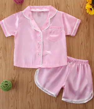 Satin Contrast Binding Button Up Blouse & Shorts