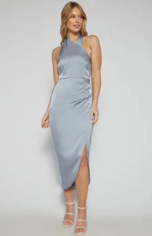 Satin Wrap Feature Neckline Midi Dress - Blue Grey