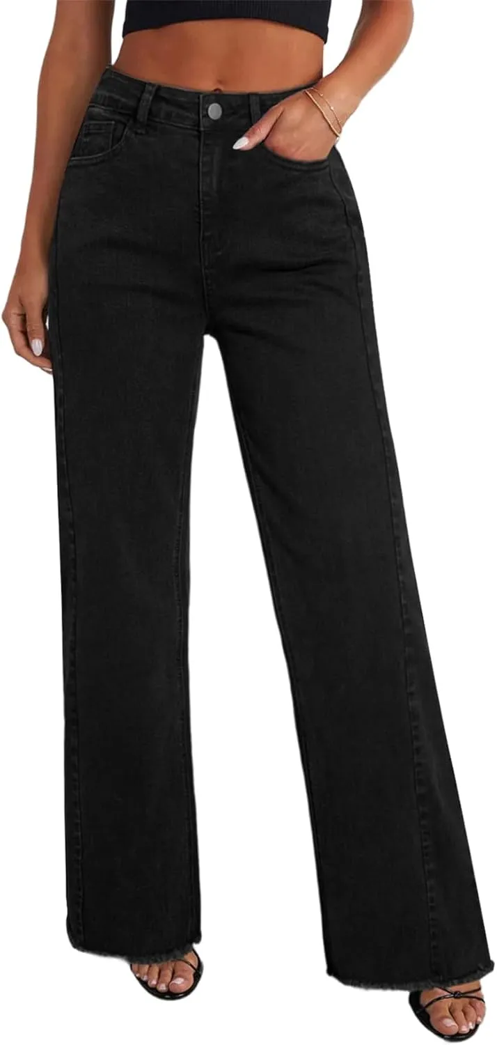 Sidefeel Women's Wide Leg Jeans High Waisted Strechy Raw Hem Zimbaplatinum Denim Pants
