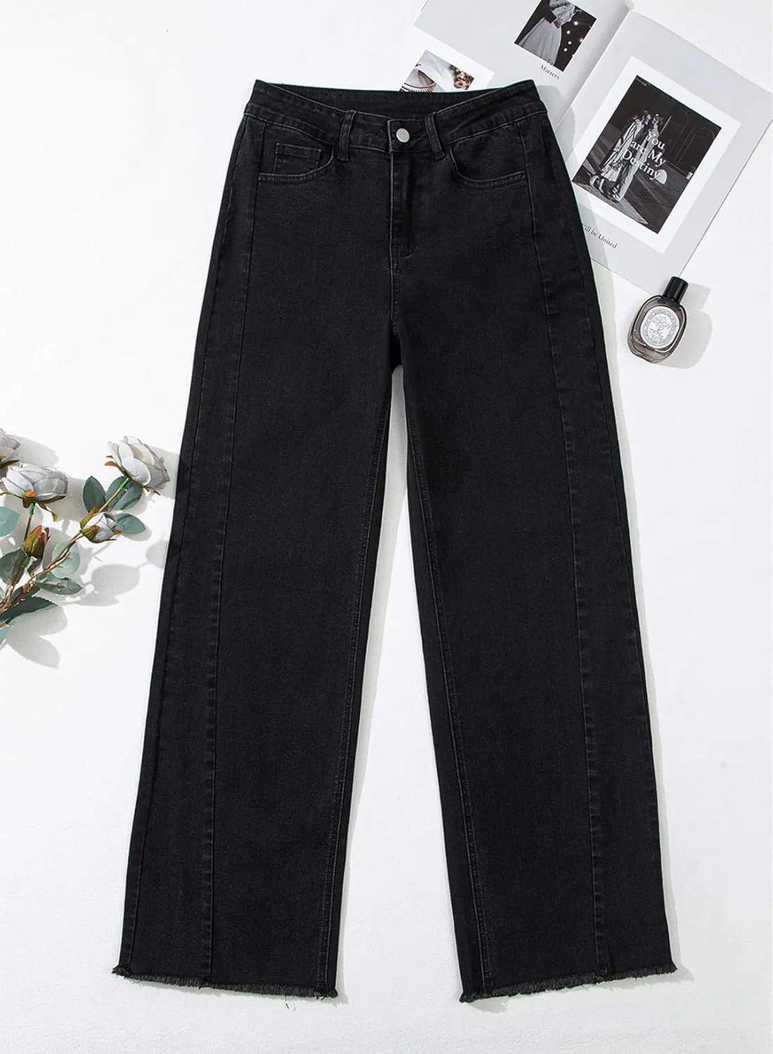 Sidefeel Women's Wide Leg Jeans High Waisted Strechy Raw Hem Zimbaplatinum Denim Pants