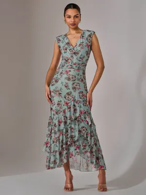 Sleeveless Ruffle Midi Dress, Green Floral