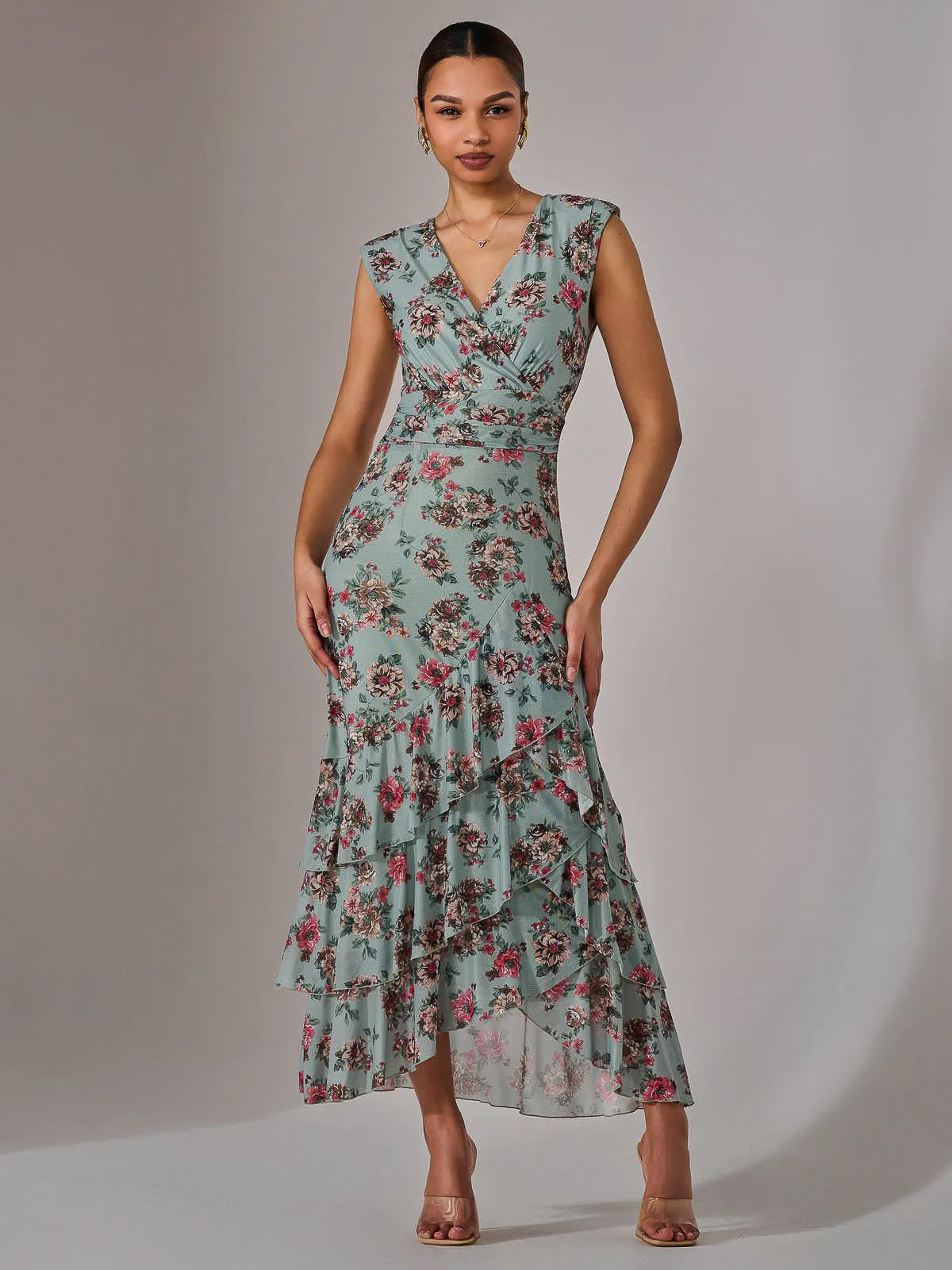 Sleeveless Ruffle Midi Dress, Green Floral