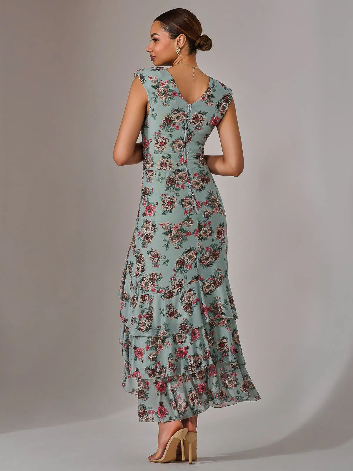 Sleeveless Ruffle Midi Dress, Green Floral