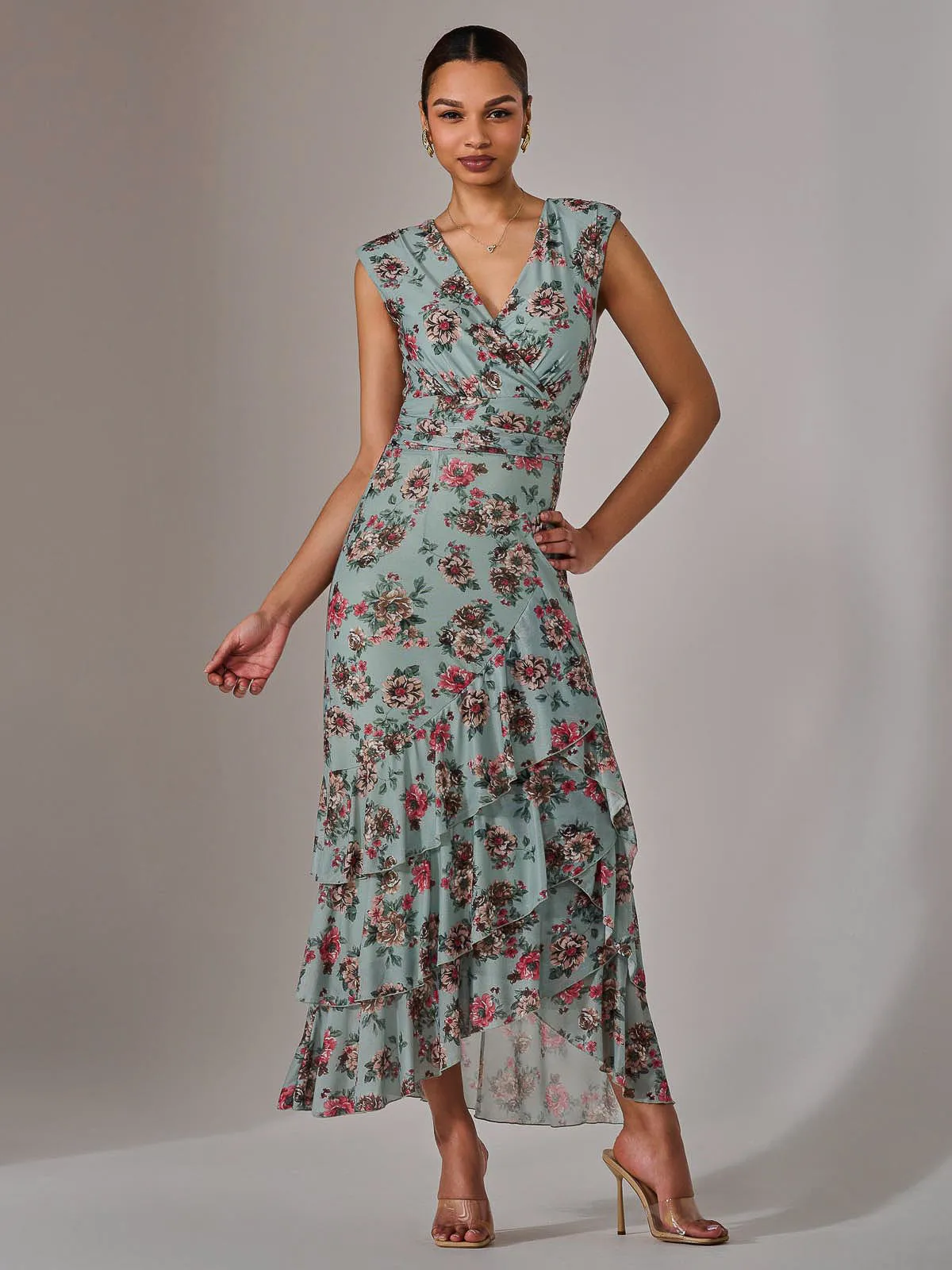 Sleeveless Ruffle Midi Dress, Green Floral