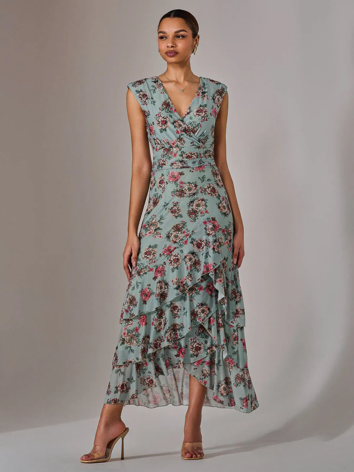 Sleeveless Ruffle Midi Dress, Green Floral