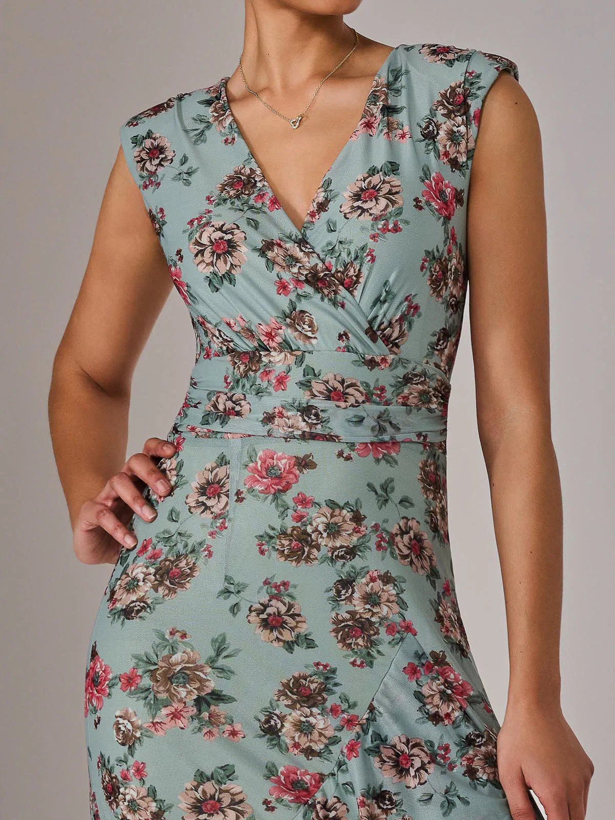 Sleeveless Ruffle Midi Dress, Green Floral