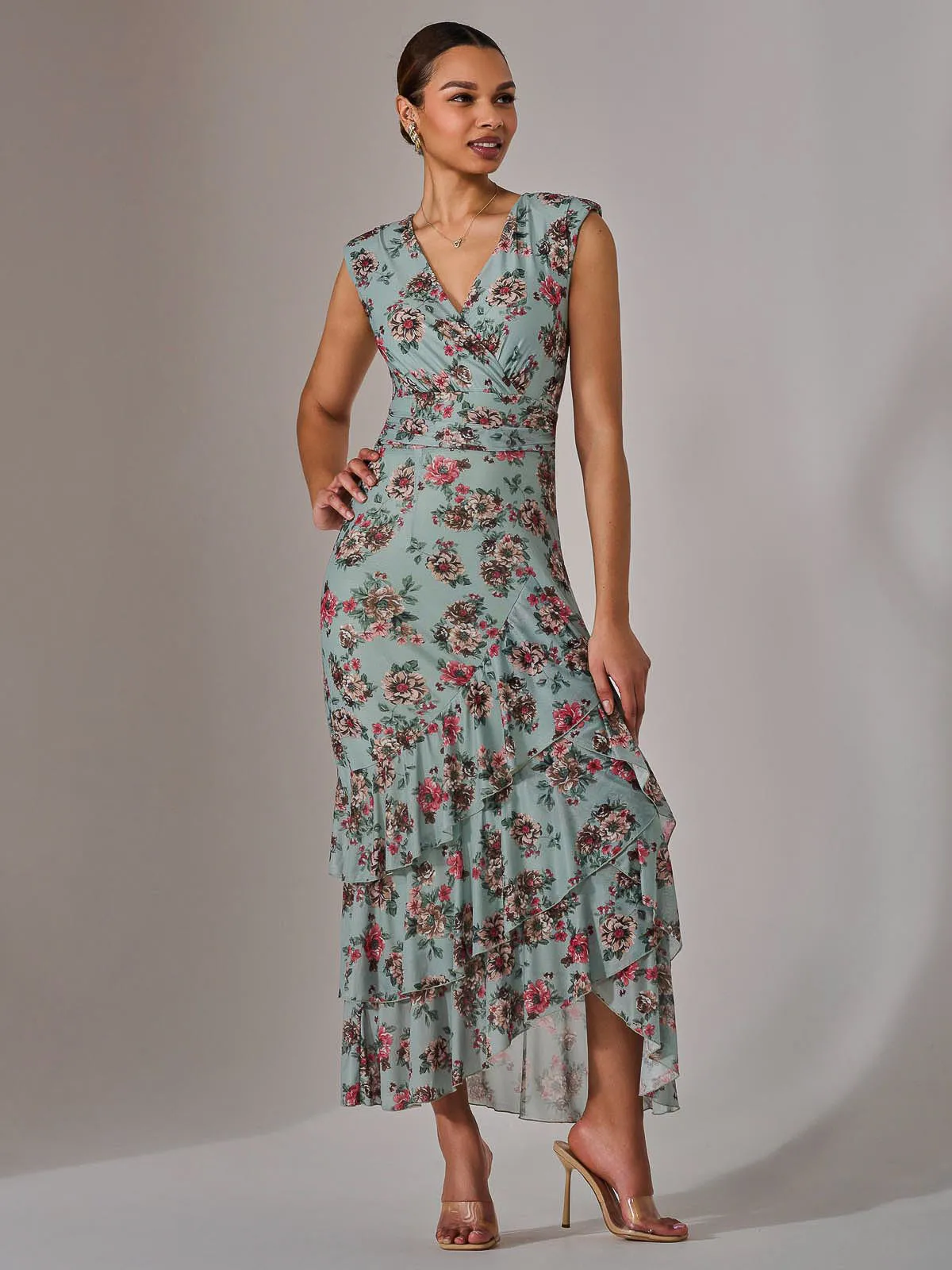 Sleeveless Ruffle Midi Dress, Green Floral