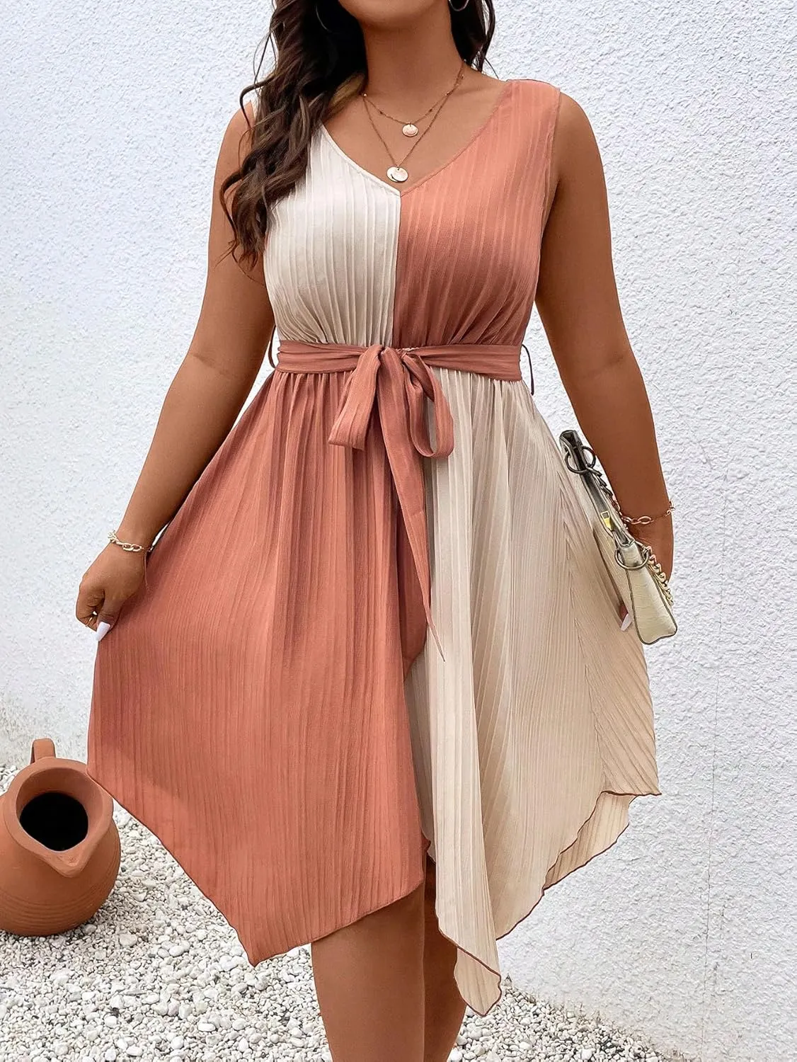 SOLY HUX Women's Plus Size Color Block Dress V Neck Sleeveless A Line Asymmetrical Hem Belted Dresses