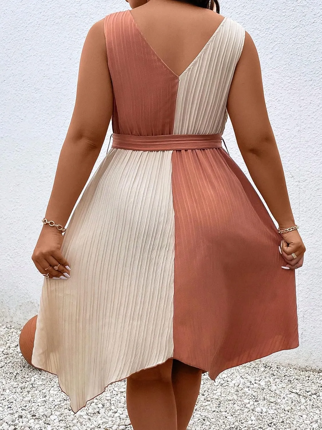 SOLY HUX Women's Plus Size Color Block Dress V Neck Sleeveless A Line Asymmetrical Hem Belted Dresses