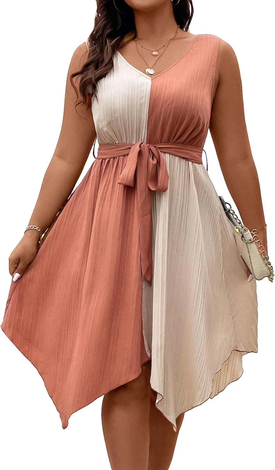 SOLY HUX Women's Plus Size Color Block Dress V Neck Sleeveless A Line Asymmetrical Hem Belted Dresses