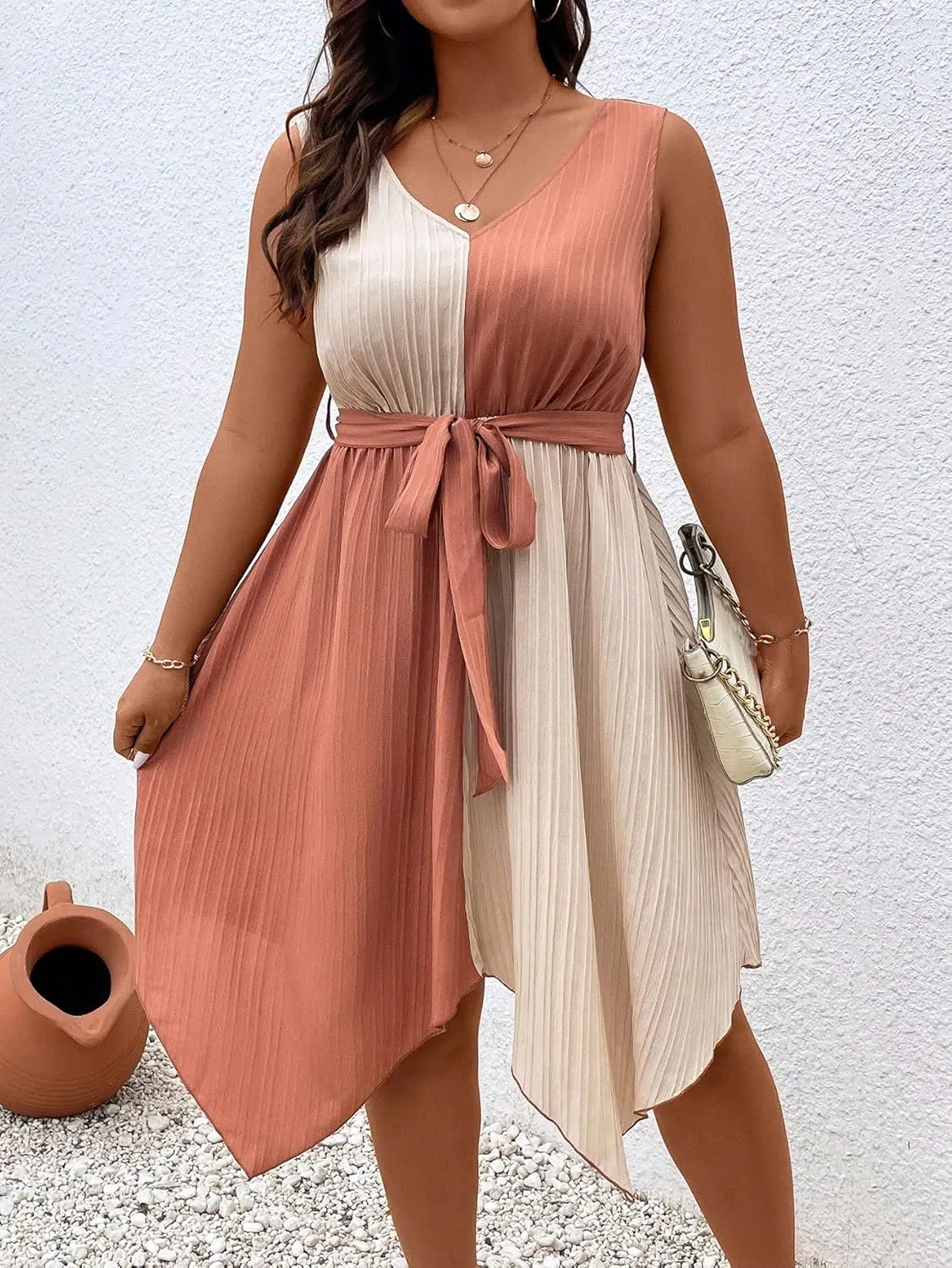 SOLY HUX Women's Plus Size Color Block Dress V Neck Sleeveless A Line Asymmetrical Hem Belted Dresses