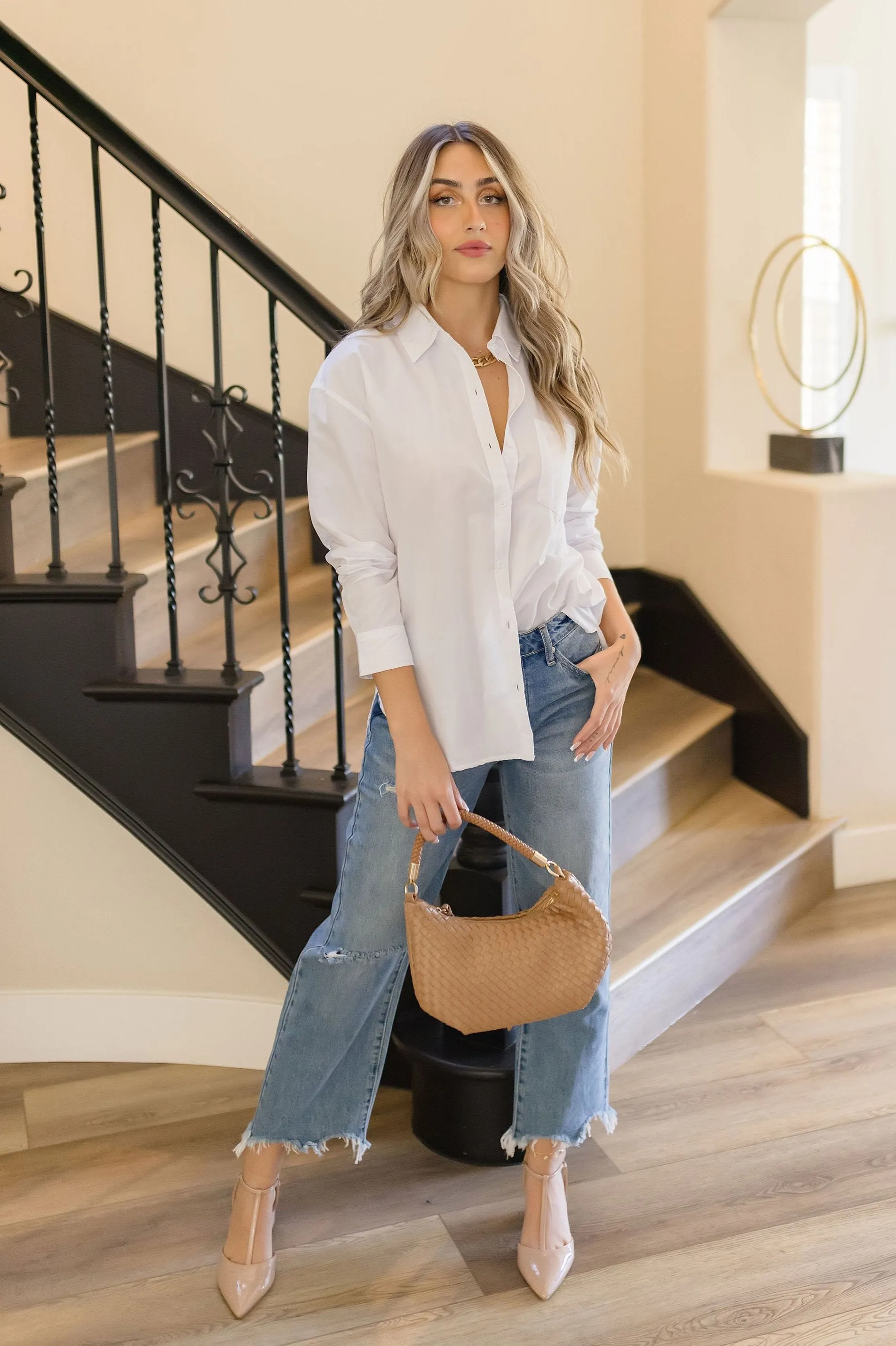 Spencer Long Sleeve Oversized Button Down Top White