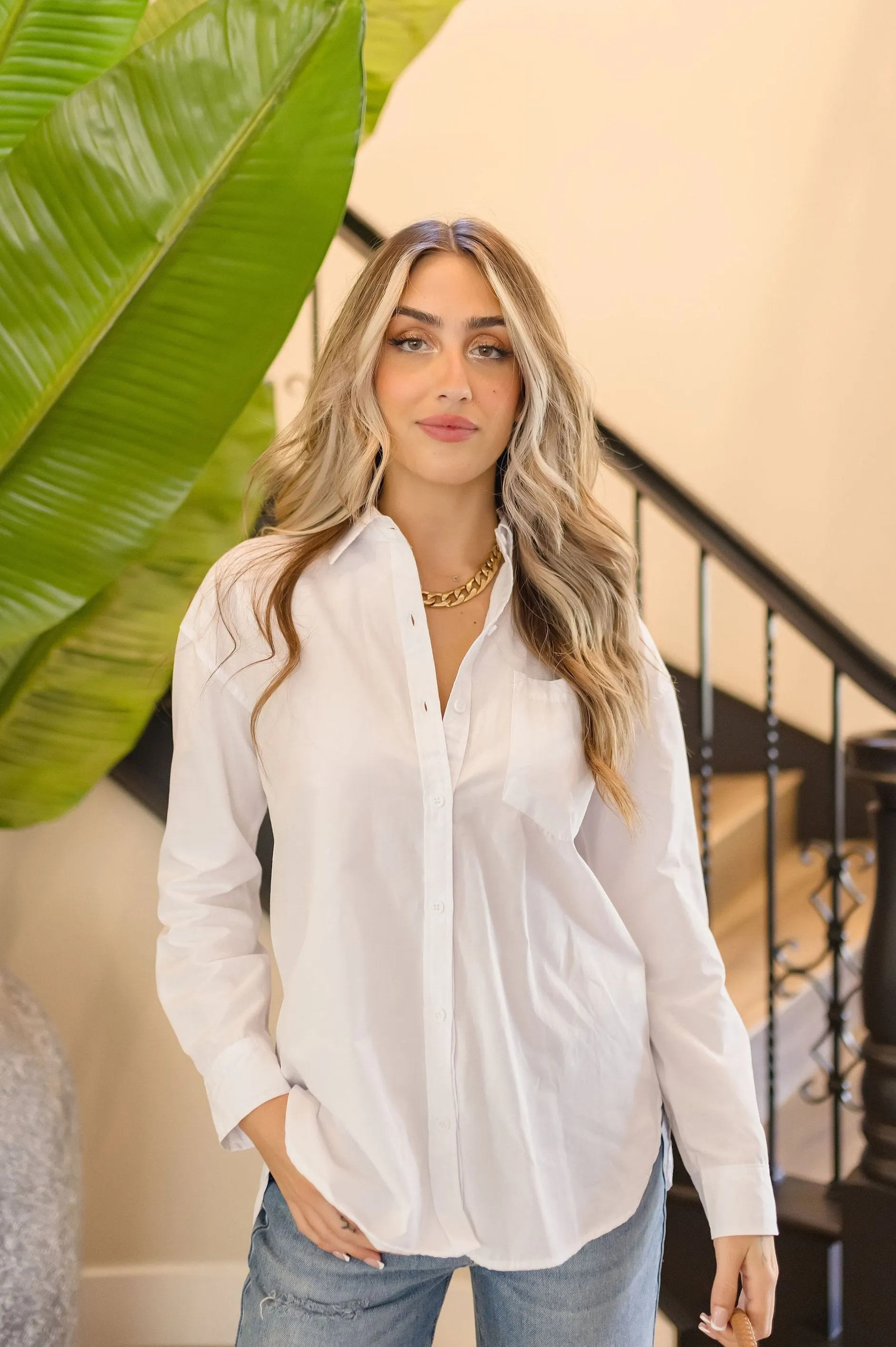 Spencer Long Sleeve Oversized Button Down Top White