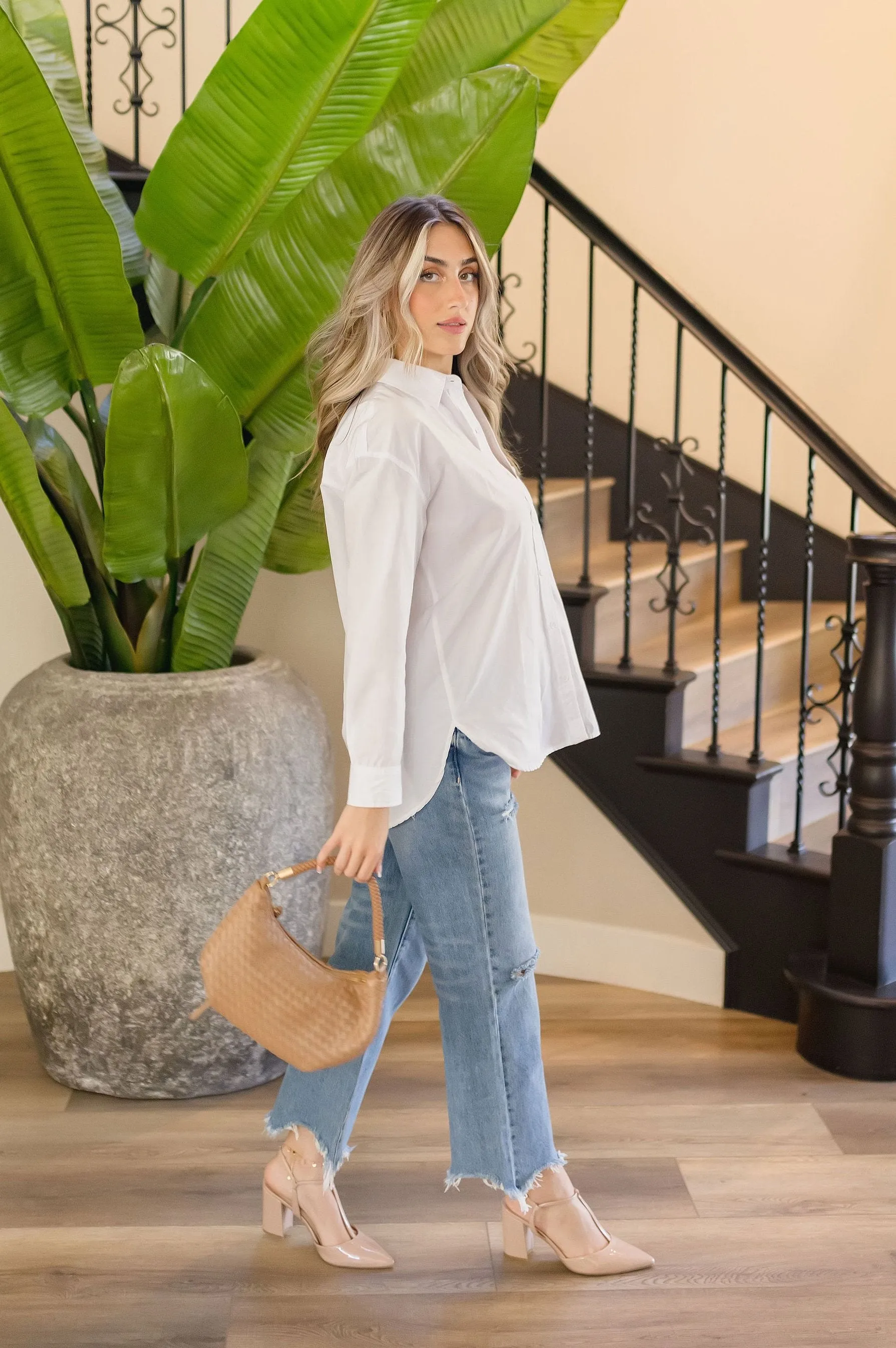 Spencer Long Sleeve Oversized Button Down Top White