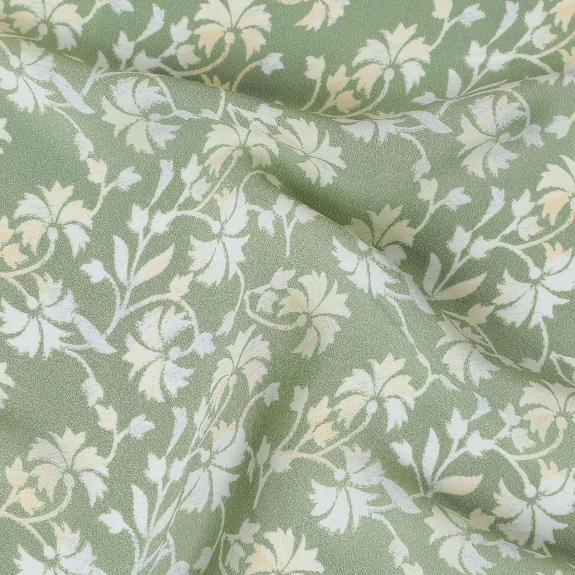 Spring Meadow Viscose Crepe Fabric - Refreshing Green with White Florals, 110cm Width (India)  - D17643