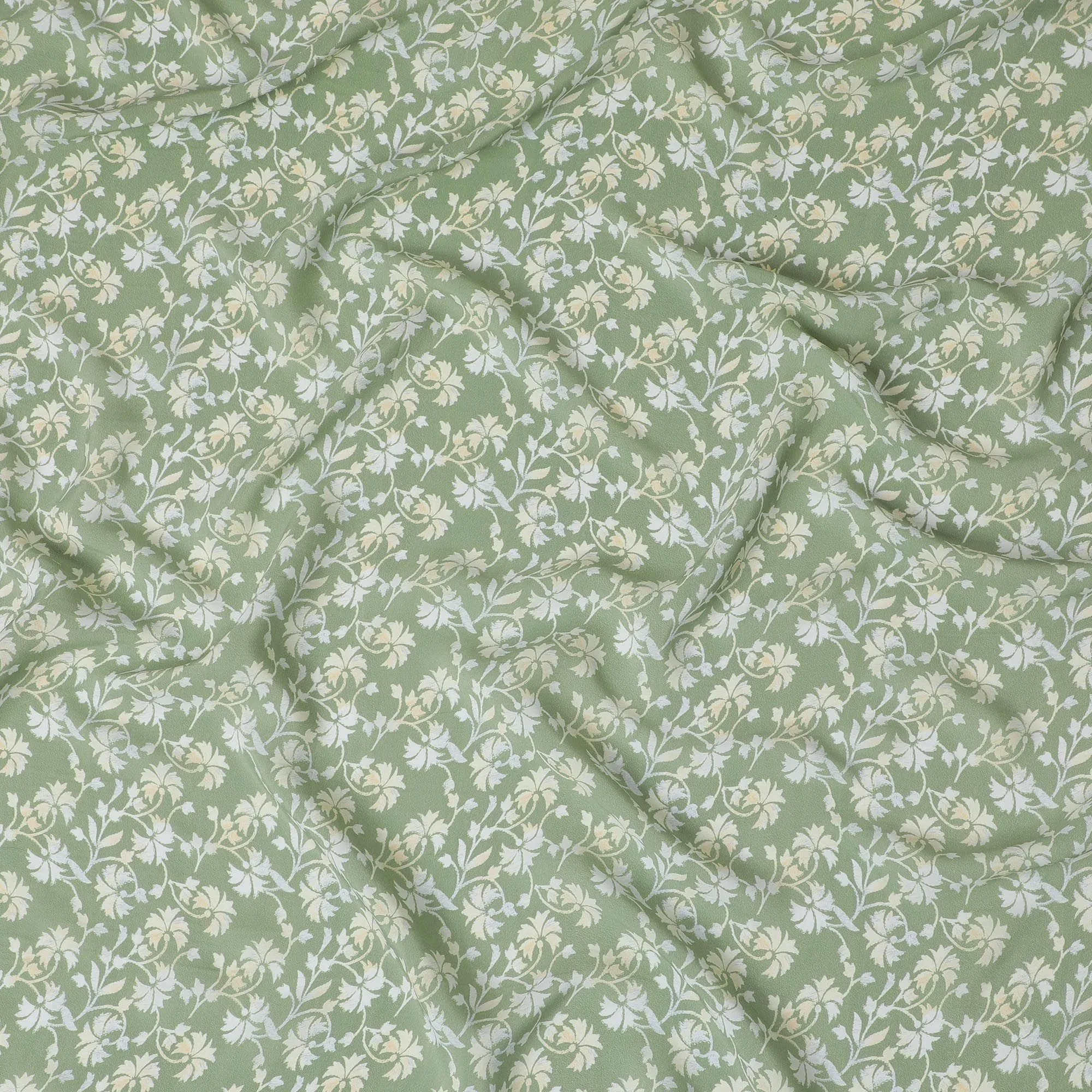 Spring Meadow Viscose Crepe Fabric - Refreshing Green with White Florals, 110cm Width (India)  - D17643